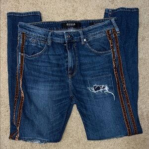 GUESS Women's High Rise Jeans in Blue with Brown Trim